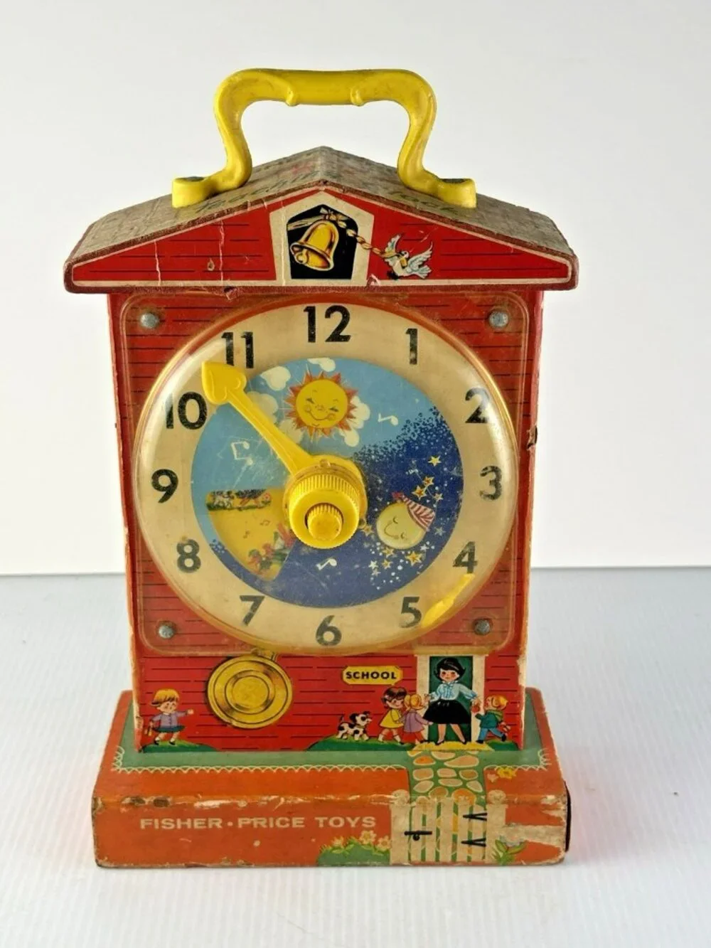 Vintage Fisher Price Music Box Teaching Clock 998 Wooden Toy As is